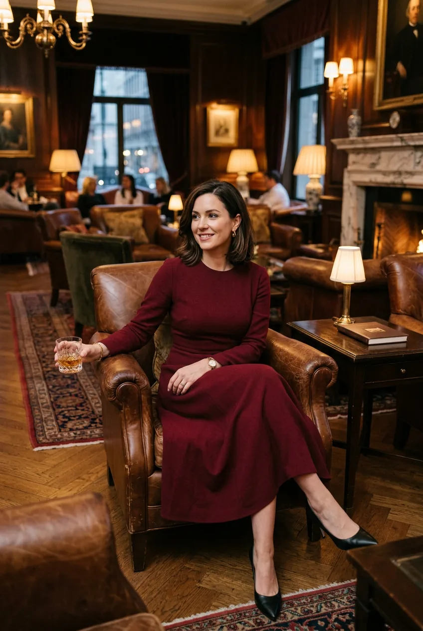 Woman in burgundy wool crepe midi dress seated in luxurious hotel lounge showing fabric drape