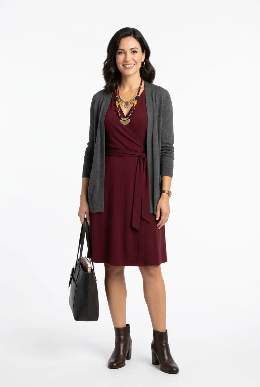 Woman in burgundy jersey wrap dress with cardigan and statement necklace for all-day conference