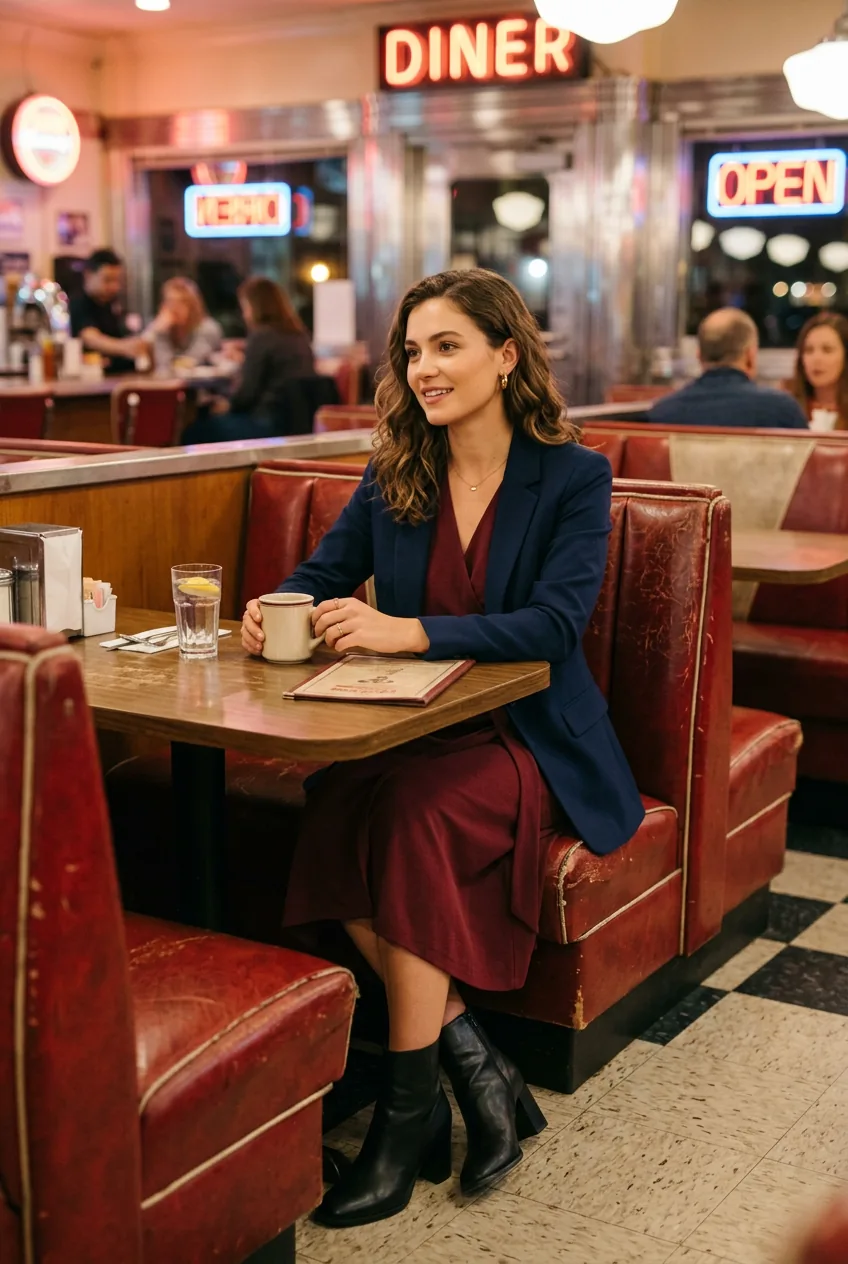 Woman in burgundy midi wrap dress with structured blazer and ankle boots for first date