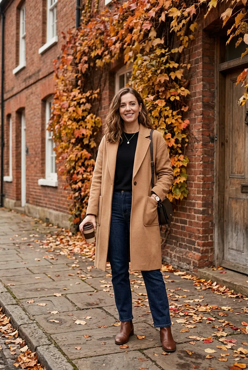 Woman wearing relaxed camel wool coat over black sweater against brick building with fall foliage