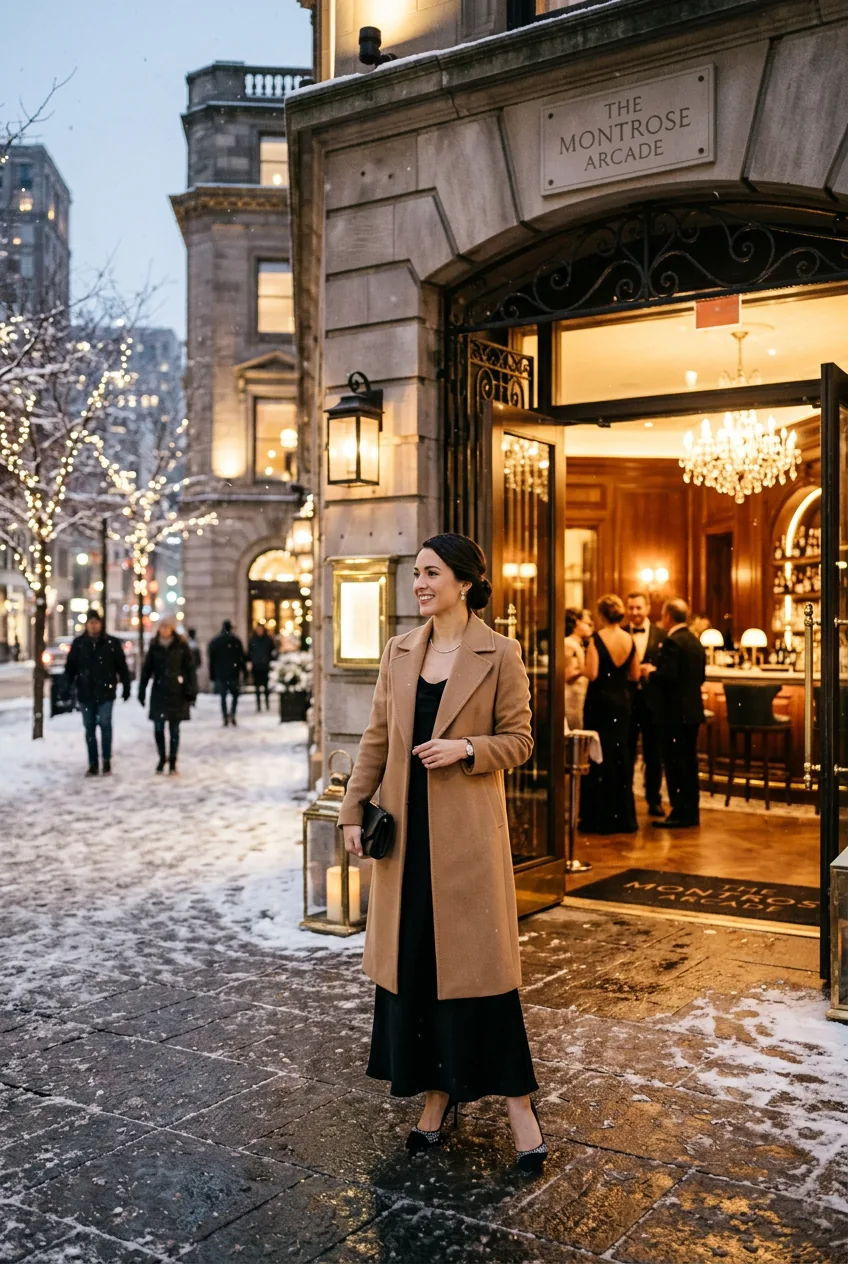 Woman wearing structured camel wool coat over black dress standing outside upscale winter venue