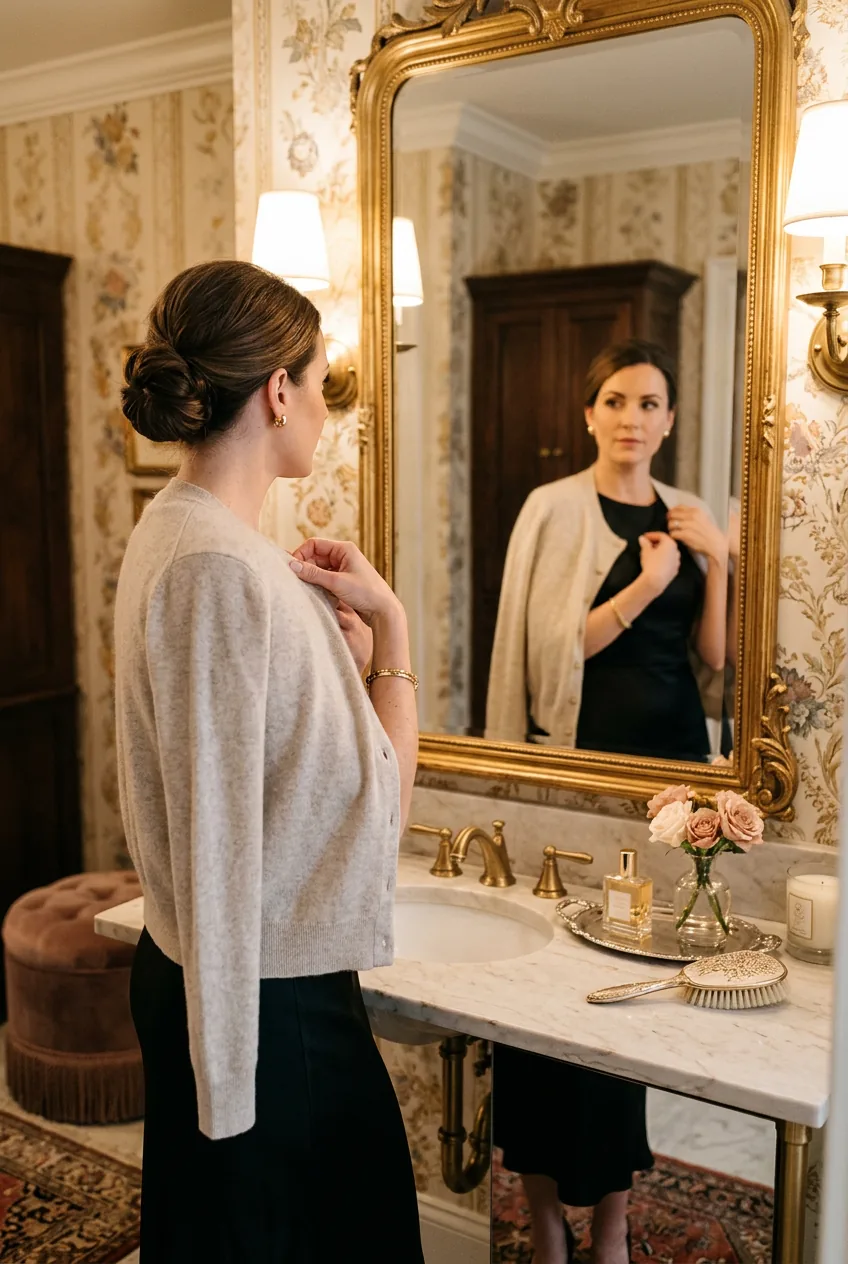 Woman layering cream cashmere cardigan over sleeveless formal dress in elegant powder room