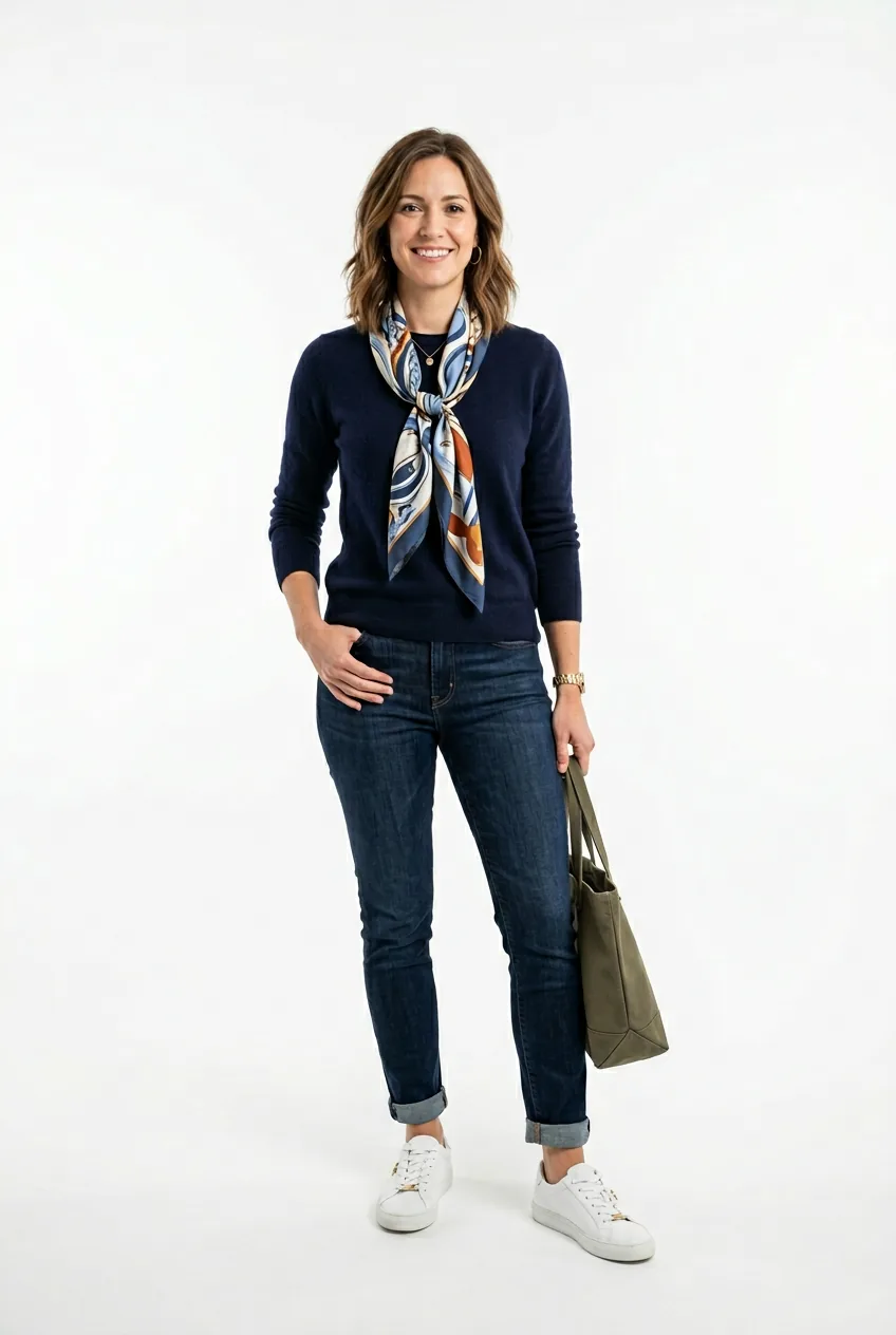 Woman wearing cashmere sweater with dark jeans and silk scarf accent for weekend workshop
