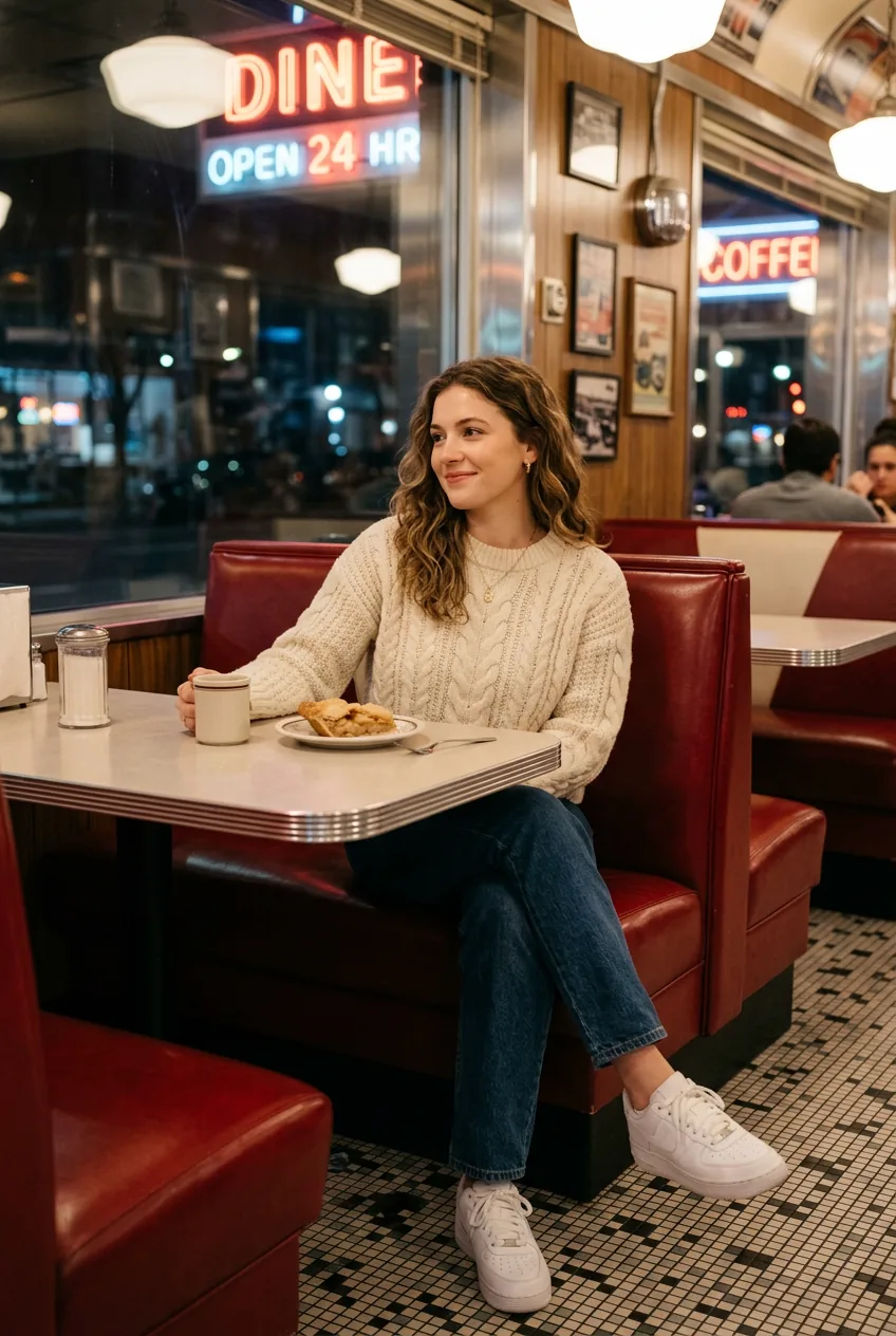 Woman wearing casual dark jeans with cream knit sweater and white sneakers for weeknight dinner