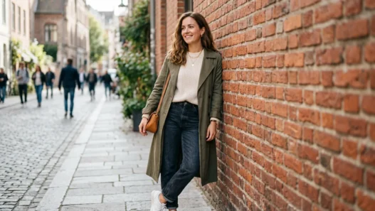 Woman in casual everyday outfit leaning against red brick wall in soft daylight