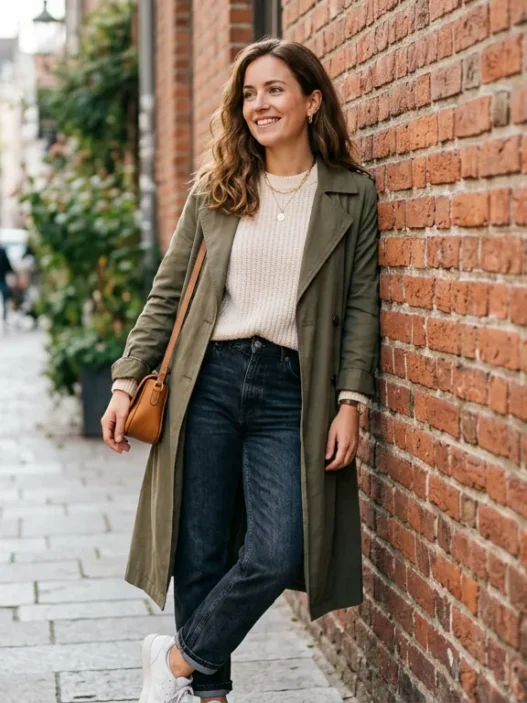 Woman in casual everyday outfit leaning against red brick wall in soft daylight