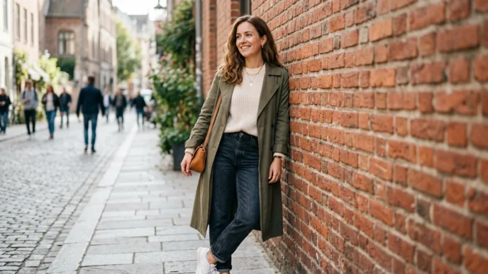Woman in casual everyday outfit leaning against red brick wall in soft daylight