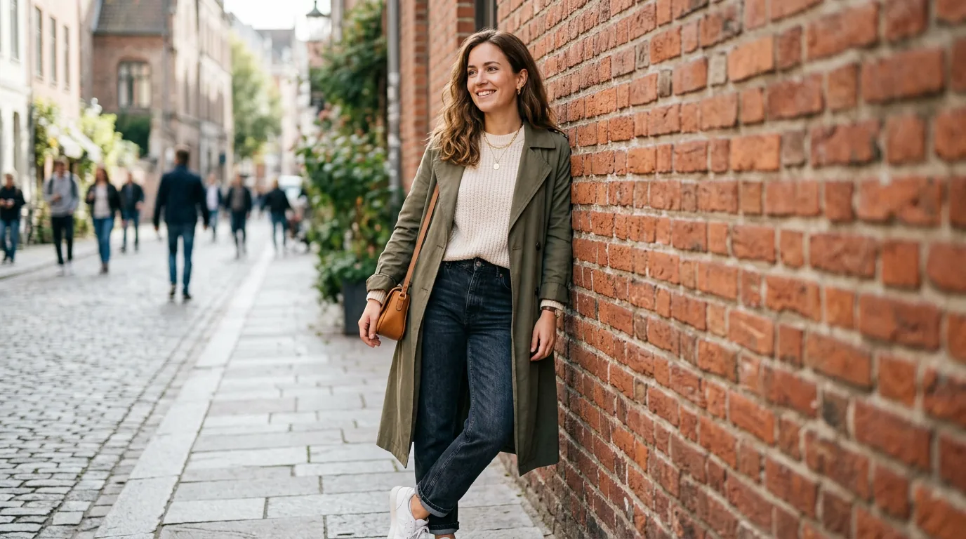 Woman in casual everyday outfit leaning against red brick wall in soft daylight