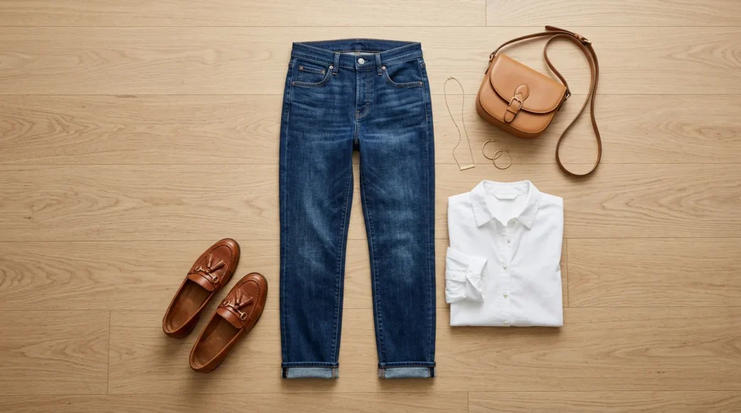 Complete casual outfit flat lay showing dark jeans, white blouse, cognac loafers and crossbody bag on wood floor