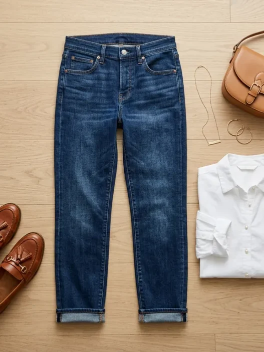 Complete casual outfit flat lay showing dark jeans, white blouse, cognac loafers and crossbody bag on wood floor