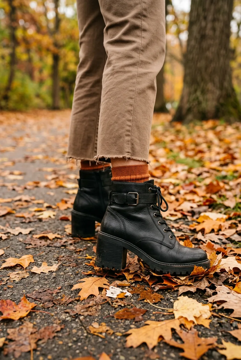 Close-up of woman's feet in chunky ankle boots with cropped pants showing ribbed socks