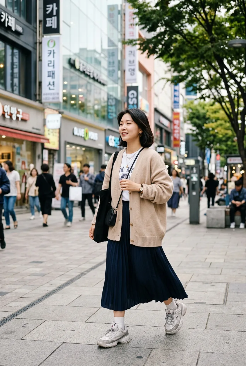 Woman in Korean street style combining chunky sneakers with feminine midi skirt while walking