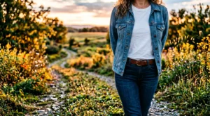 Woman wearing unbuttoned medium wash denim jacket over white t-shirt in golden hour lighting