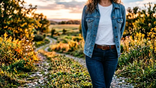 Woman wearing unbuttoned medium wash denim jacket over white t-shirt in golden hour lighting