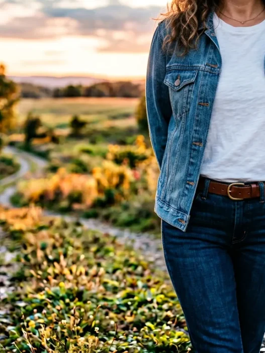 Woman wearing unbuttoned medium wash denim jacket over white t-shirt in golden hour lighting