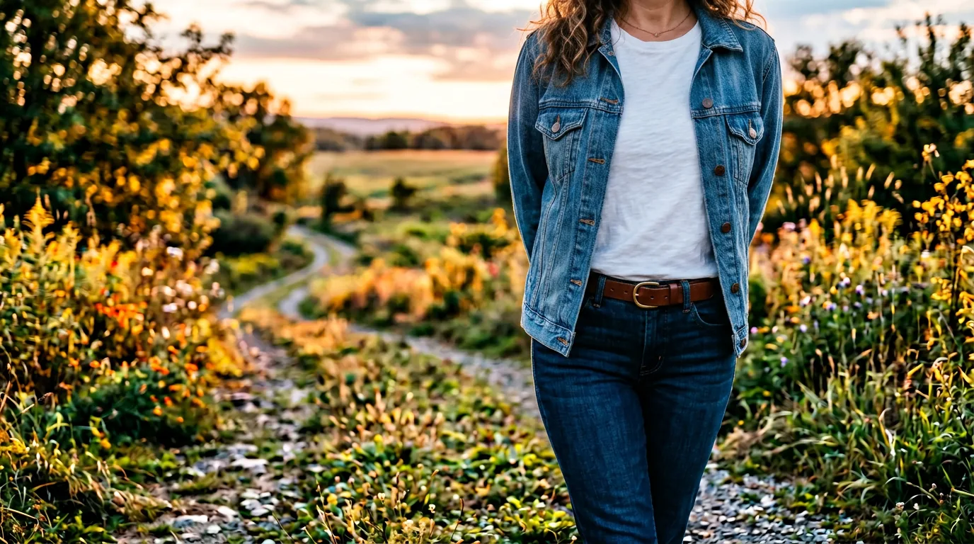 Woman wearing unbuttoned medium wash denim jacket over white t-shirt in golden hour lighting