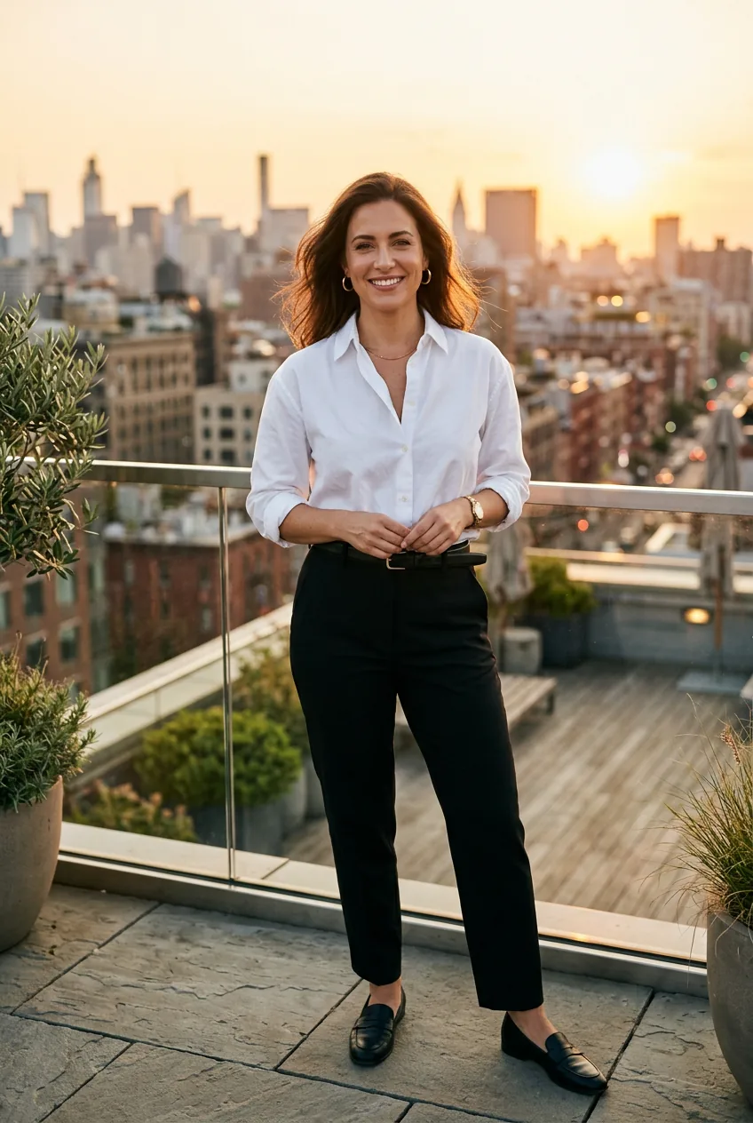 Woman wearing classic white button-down with tailored black trousers in relaxed pose