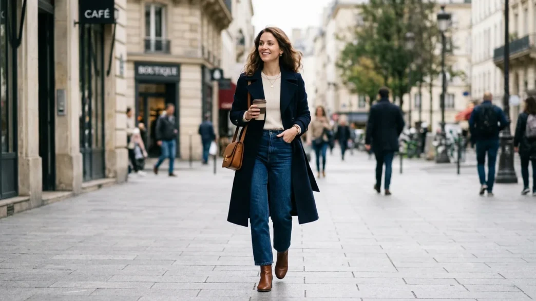 Woman walking on city sidewalk in classy casual outfit with natural lighting and blurred urban background
