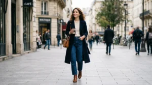 Woman walking on city sidewalk in classy casual outfit with natural lighting and blurred urban background