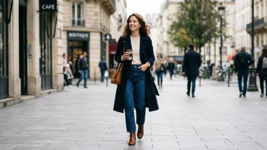 Woman walking on city sidewalk in classy casual outfit with natural lighting and blurred urban background