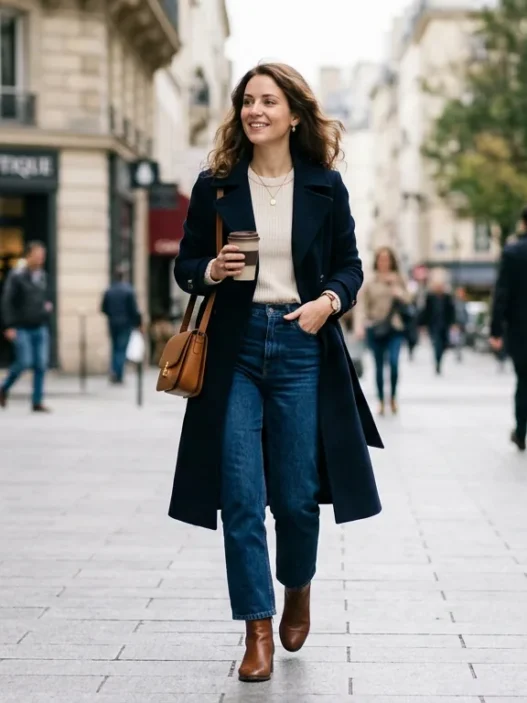 Woman walking on city sidewalk in classy casual outfit with natural lighting and blurred urban background