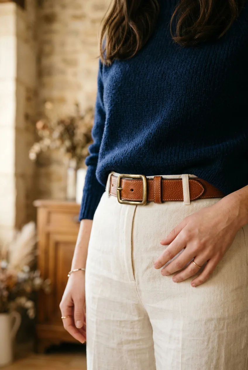 Close-up detail of classic cognac leather belt styled with contrasting outfit pieces in warm natural lighting