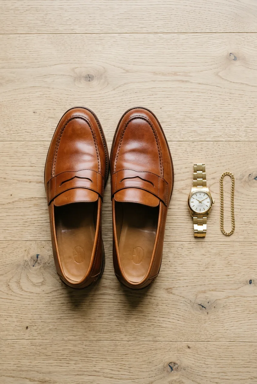 Cognac leather loafers positioned on light wood floor showing classic styling and quality construction