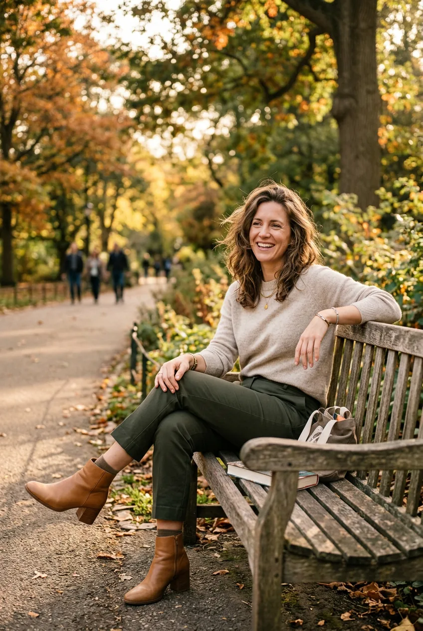 Woman wearing comfortable block heel shoes and well-fitted trousers sitting casually on park bench during golden hour