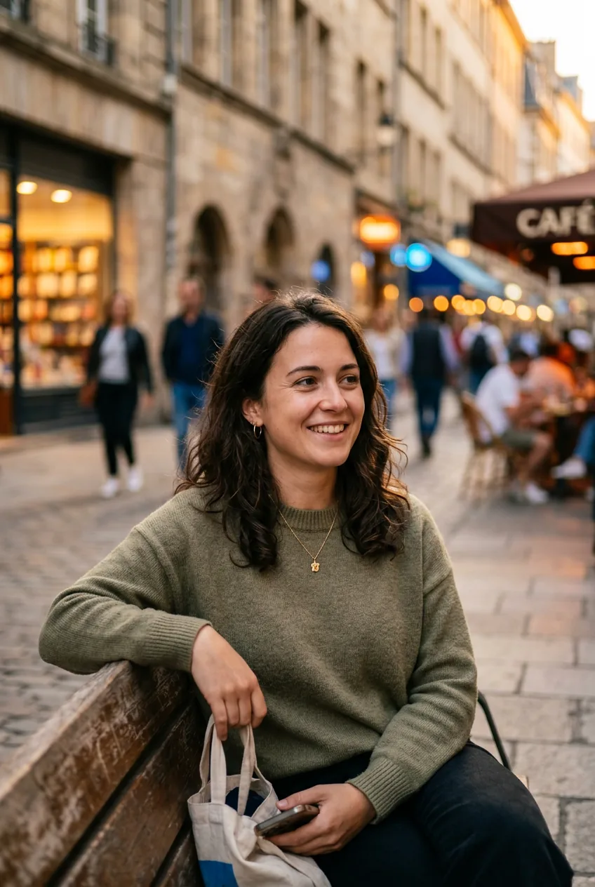 Woman in comfortable casual outfit sitting relaxed in warm evening urban setting