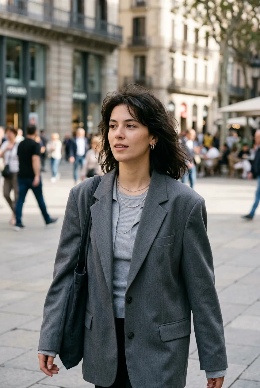 Woman wearing complete acubi look in soft gray tones walking through urban plaza