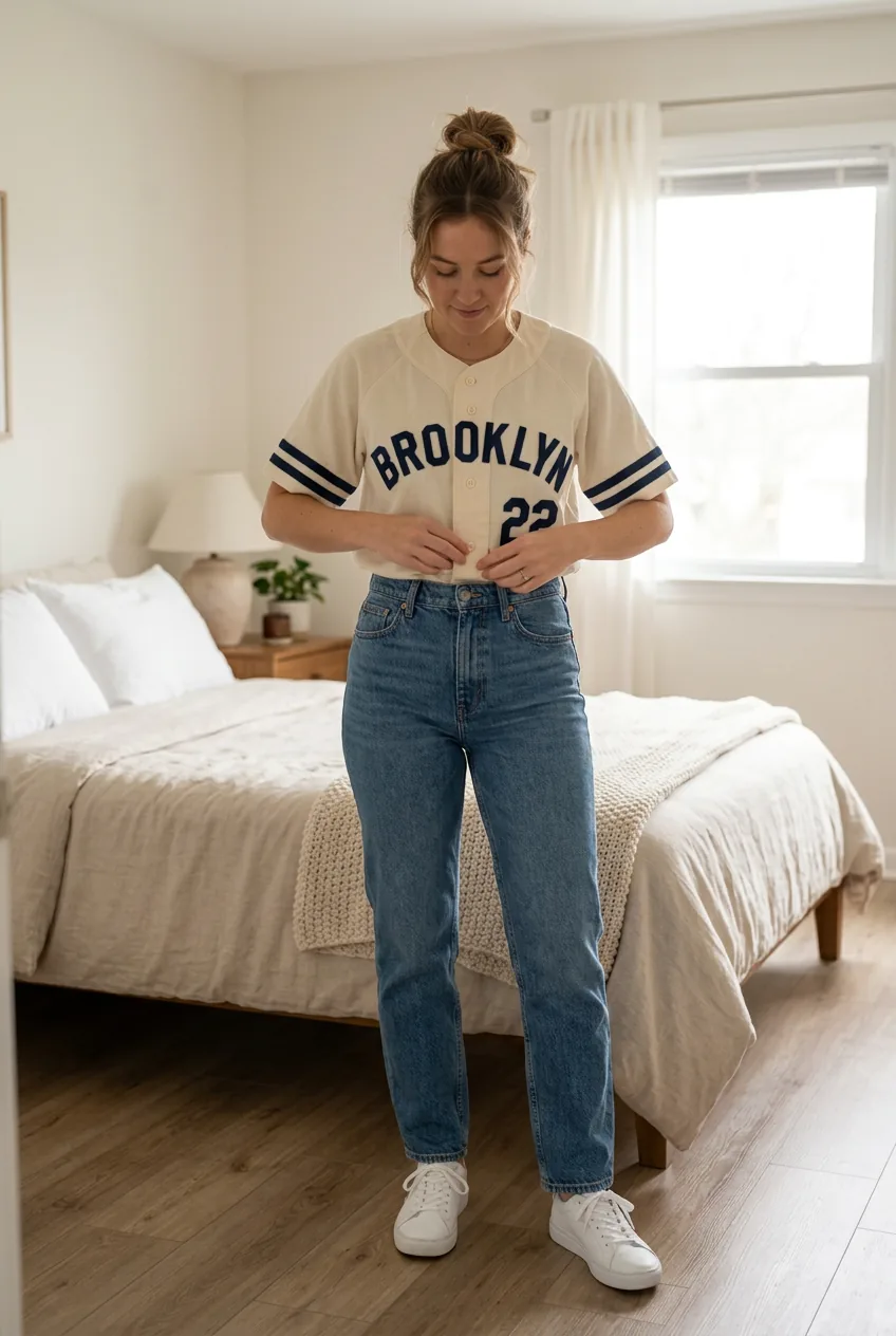 Woman in complete styled baseball jersey outfit demonstrating final polished look in bedroom setting