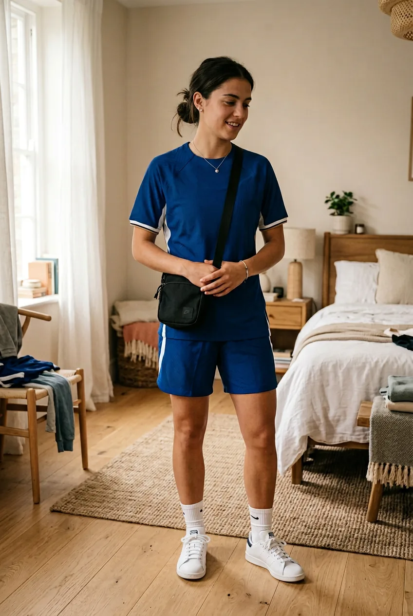 Woman in complete football jersey outfit with white sneakers and crossbody bag showing finished look