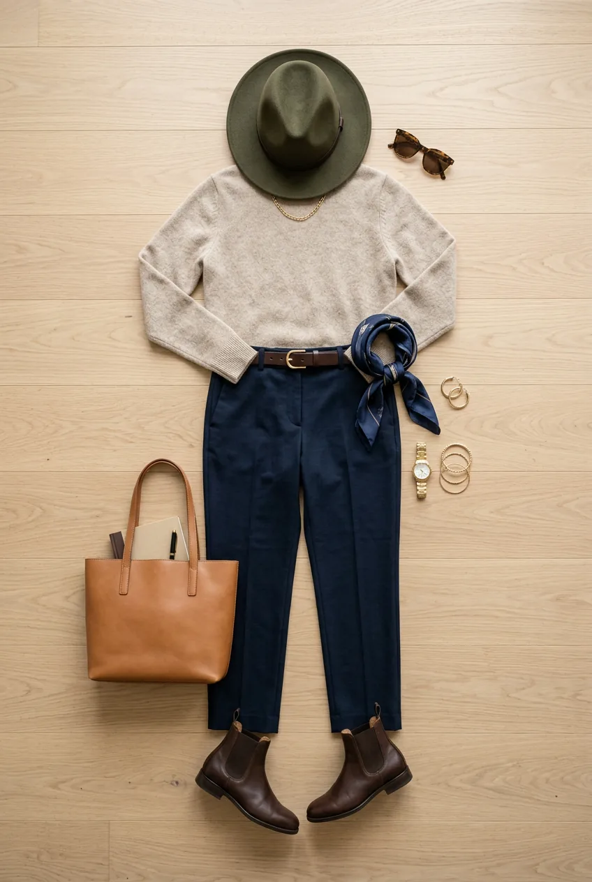 Complete outfit with all pieces arranged showing proper proportions and styling details