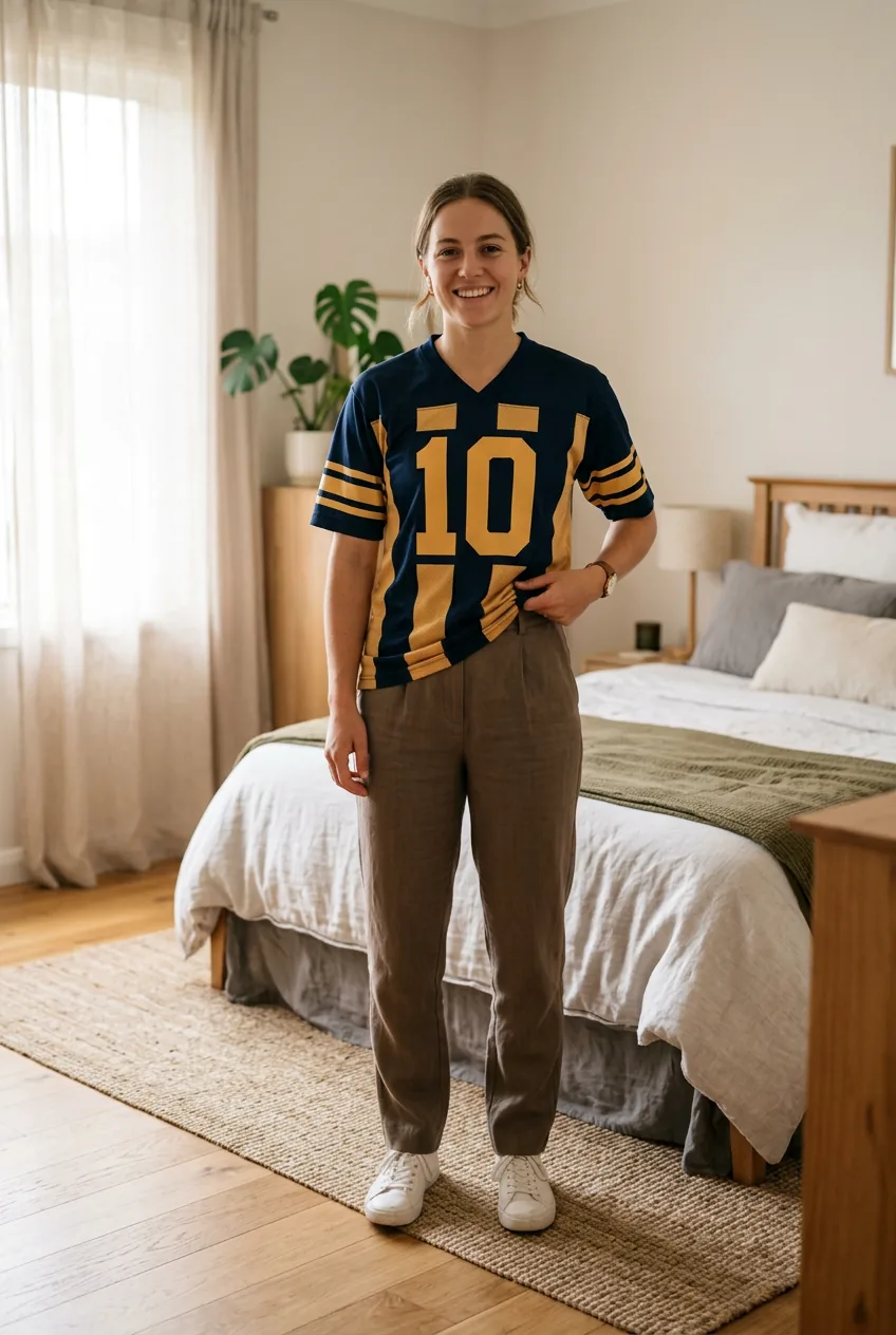 Woman demonstrating corner tuck styling technique with football jersey and fitted bottoms