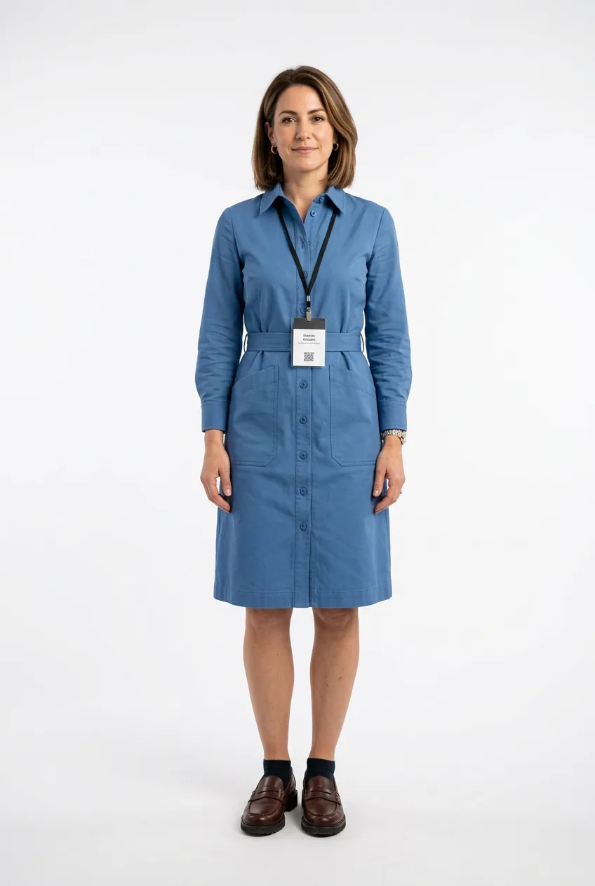 Woman in structured cotton shirtdress with functional pockets and supportive leather loafers