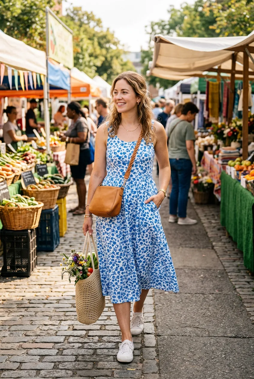Woman in cotton sundress with pockets walking through farmers market in bright morning sunshine