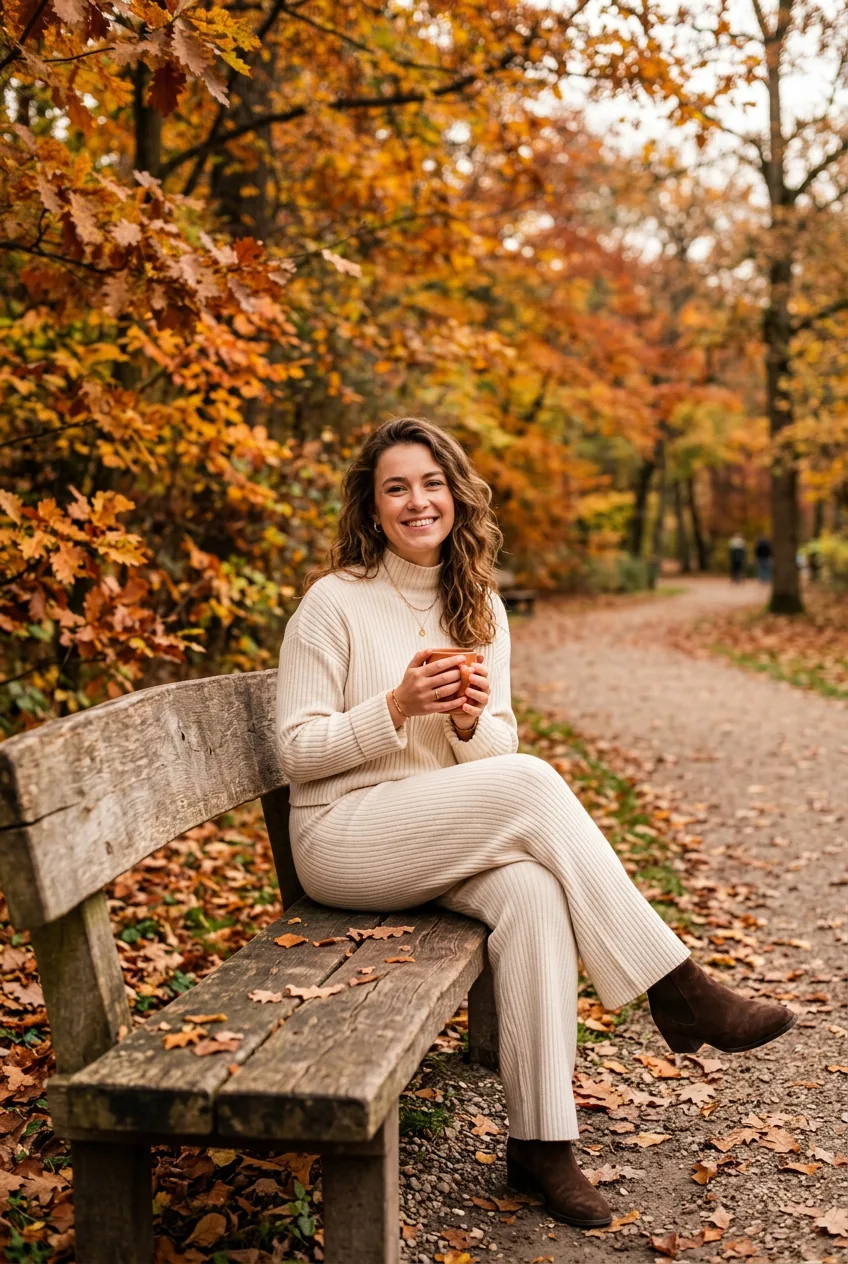 Woman wearing cream ribbed mock turtleneck with wide-leg trousers sitting on wooden bench