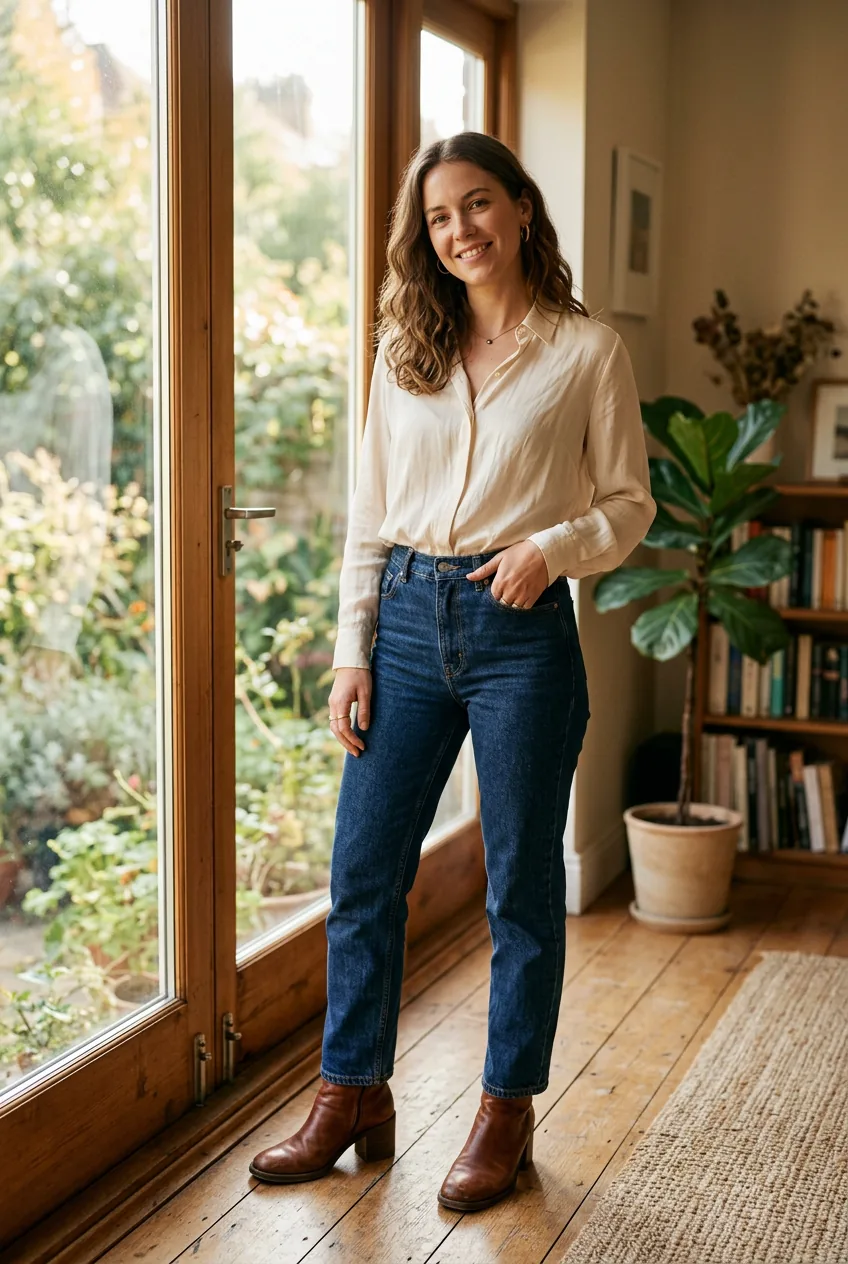 Woman wearing cream silk blouse with dark jeans and brown ankle boots by sunlit window