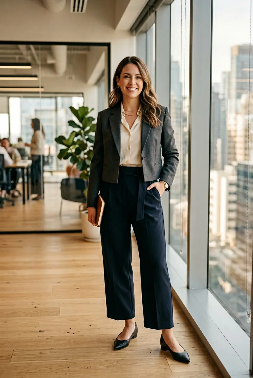 Woman wearing cropped blazer and high-waisted trousers with pointed flats in office setting