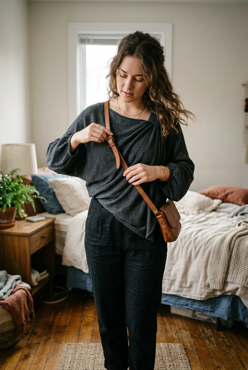Woman adjusting crossbody bag strap to complement asymmetrical top styling in bedroom
