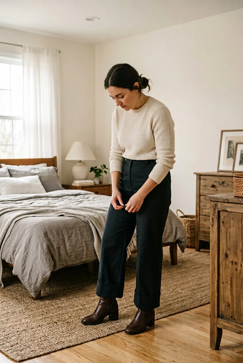 Woman in cuffed wide-leg trousers with heeled boots adjusting hem detail
