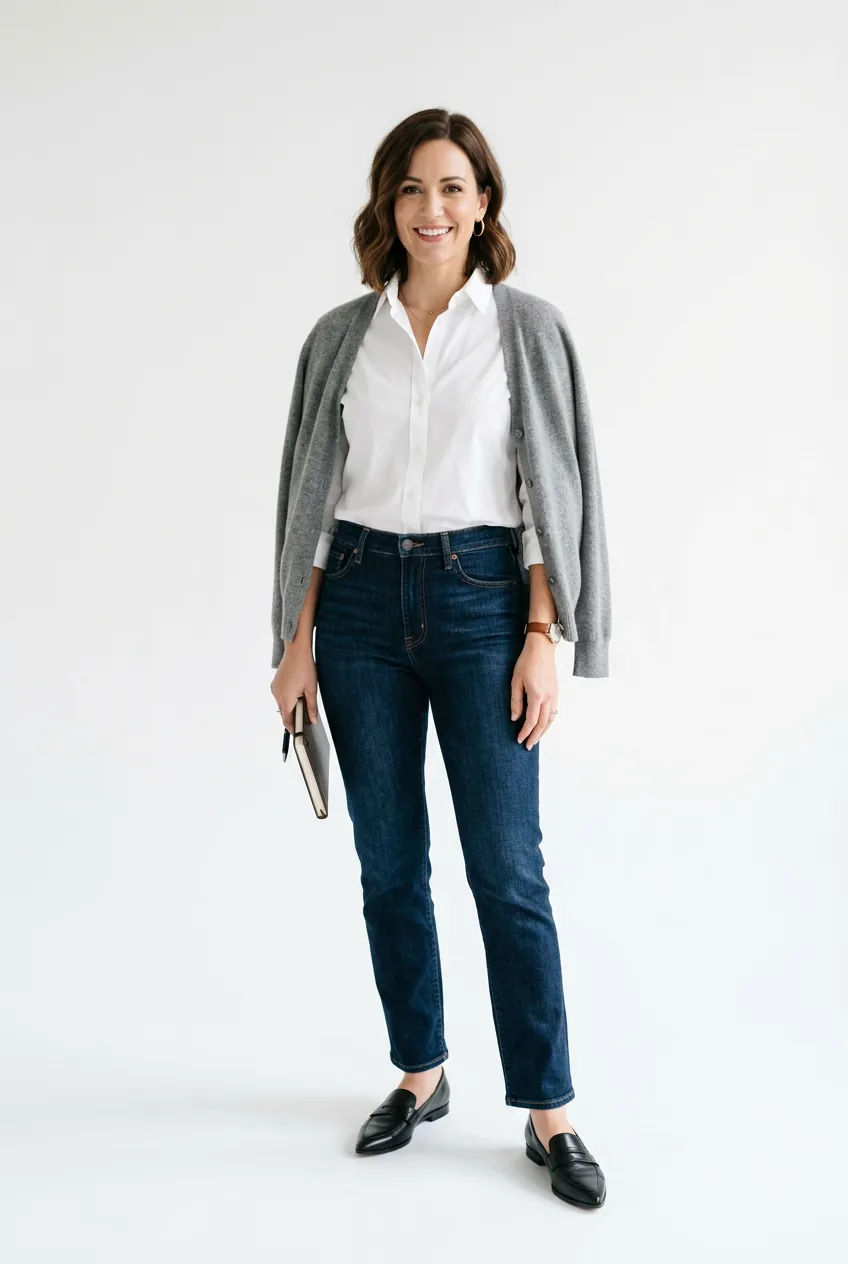 Woman in dark wash jeans with white button-down blouse and cashmere cardigan for workshop day