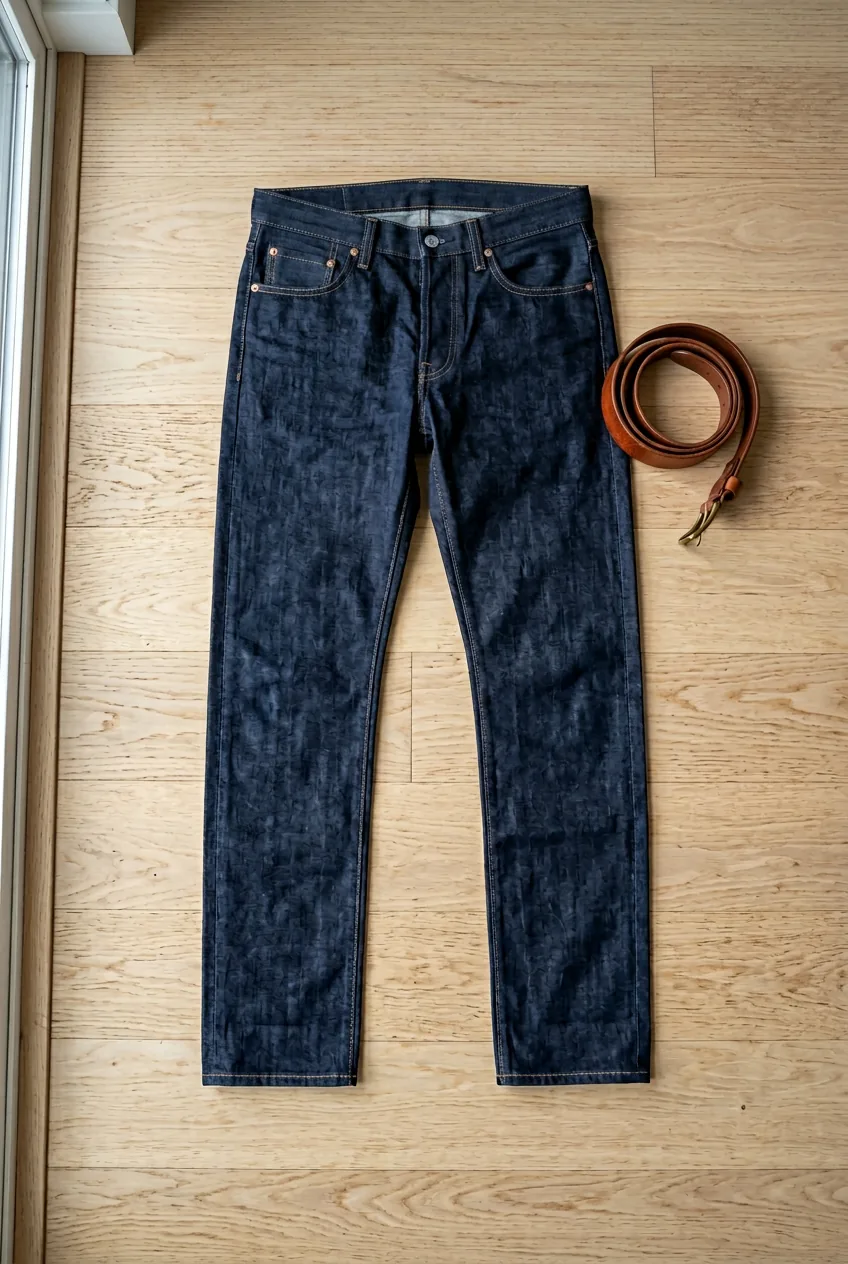 Dark wash straight leg jeans laid flat showing proper ankle length and tailored fit