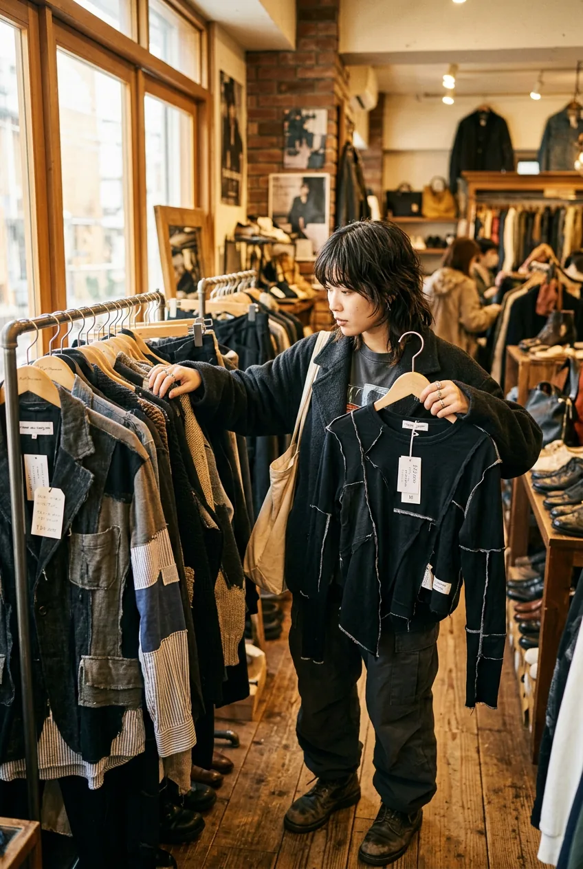 Woman examining deconstructed designer pieces in Japanese vintage store with soft window lighting