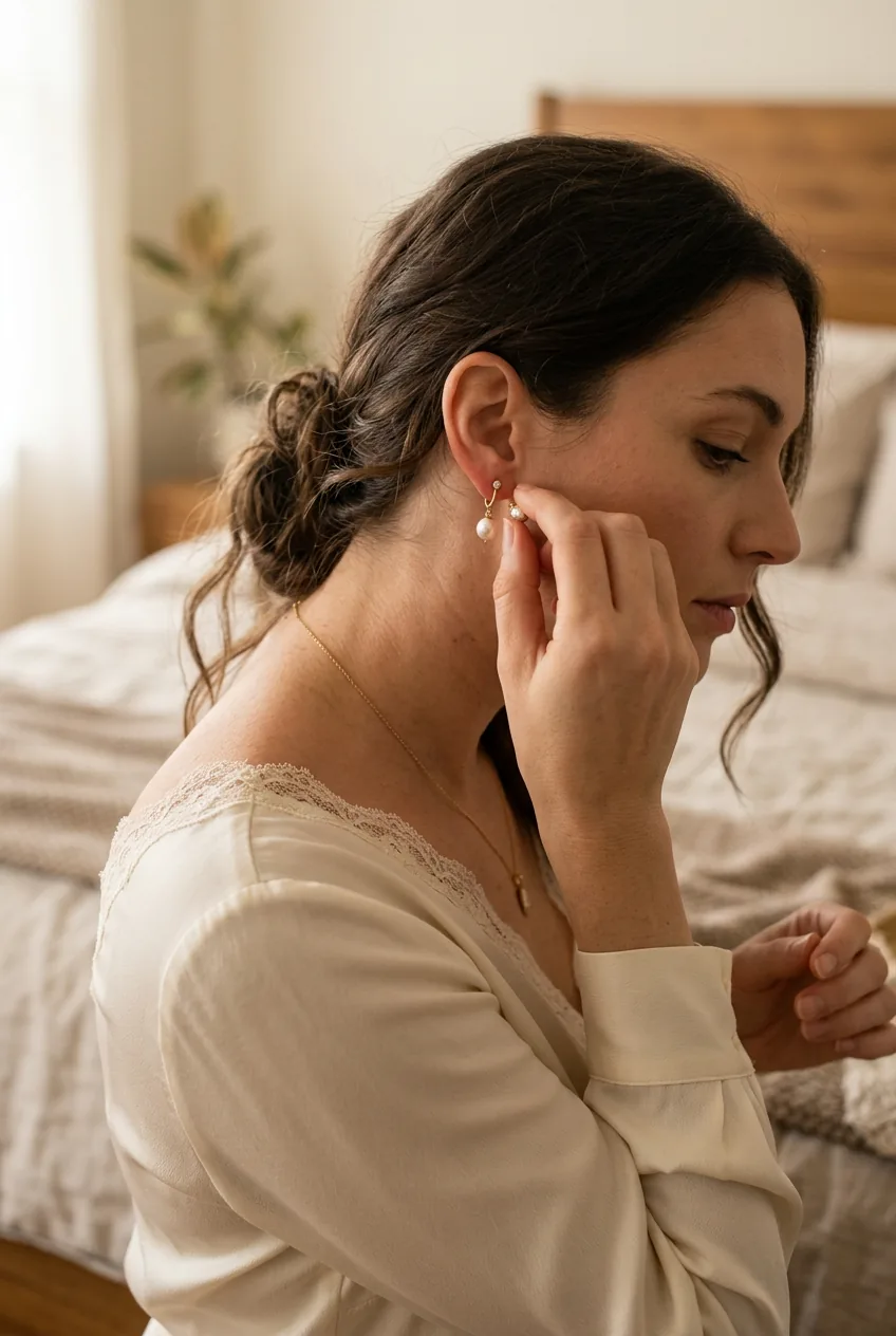 Woman putting on delicate earrings while wearing elegant fancy blouse in soft light