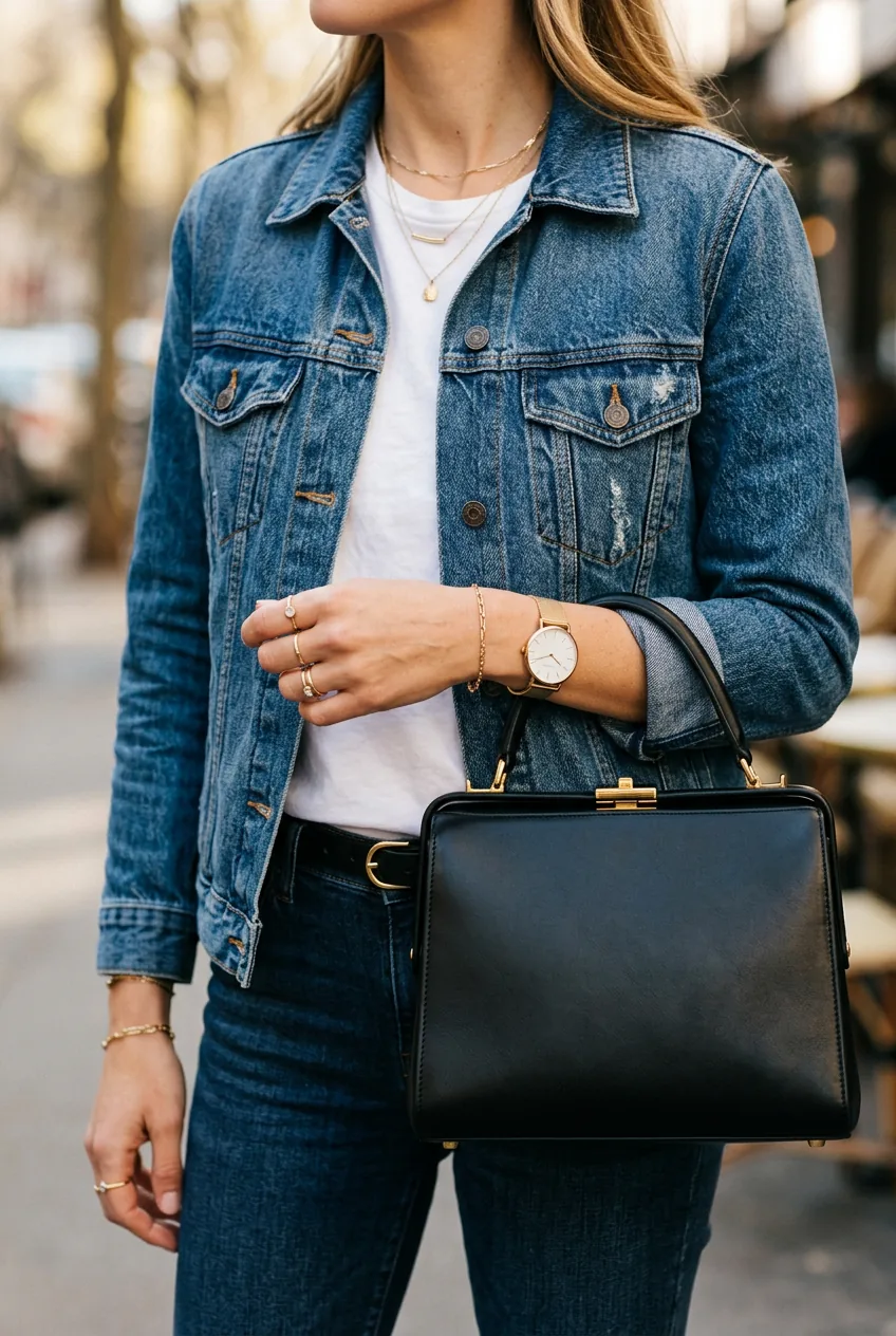 Woman wearing denim jacket with leather handbag and gold jewelry showing styled accessories
