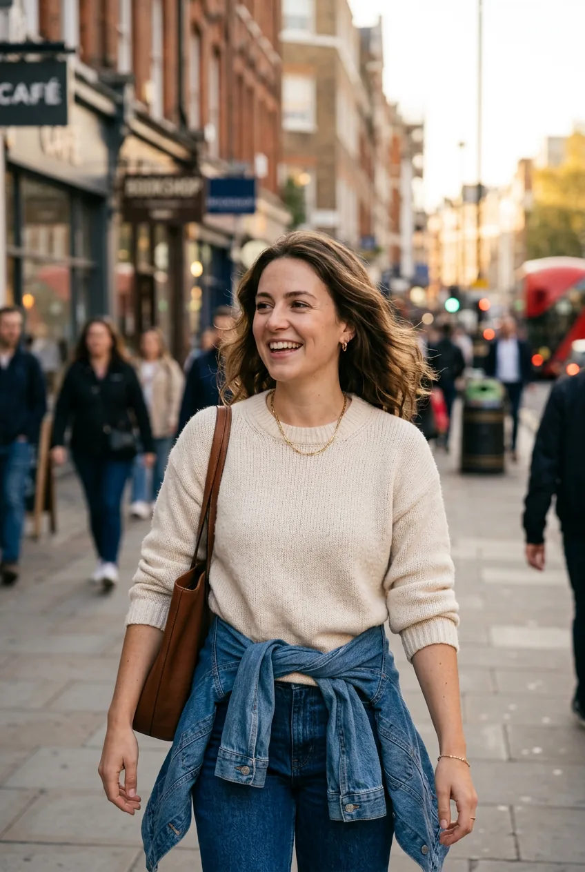 Woman with denim jacket tied around waist over sweater and jeans in afternoon city setting