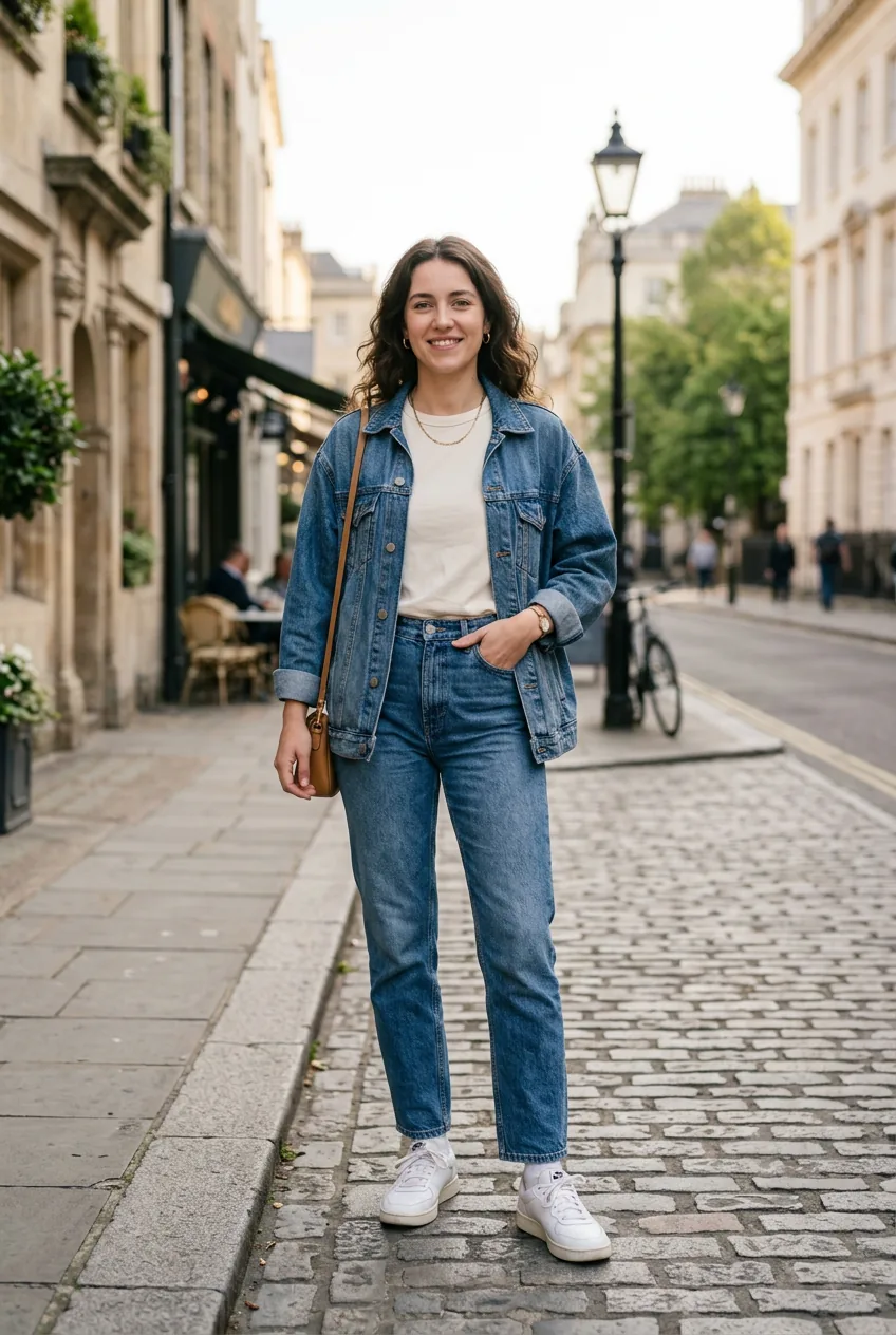 Woman wearing oversized denim jacket over cream tee and straight-leg jeans in morning light