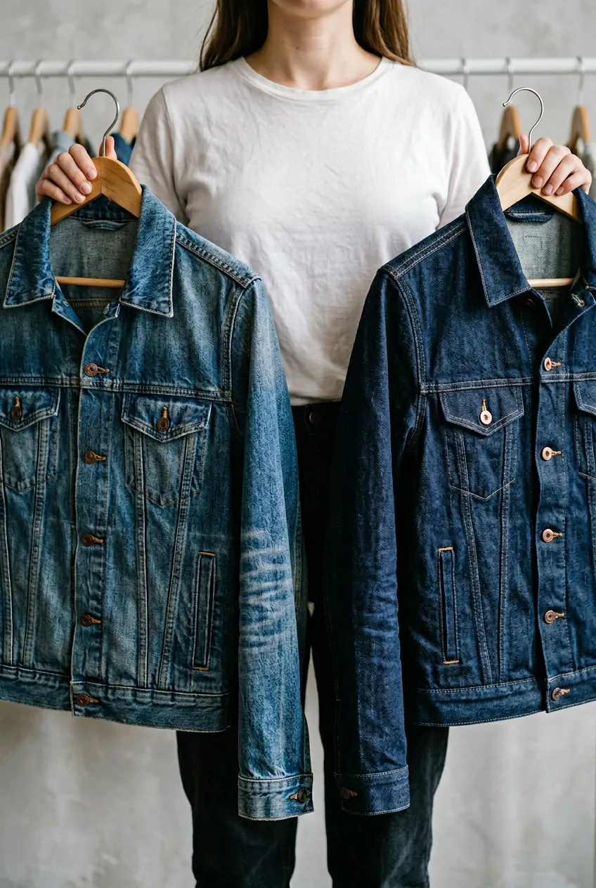 Two denim jackets in different washes hanging on wooden hangers showing fabric comparison