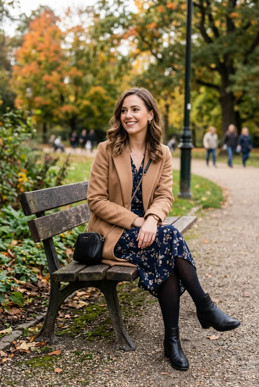 Woman in dress with tights and ankle boots showing event-ready styling